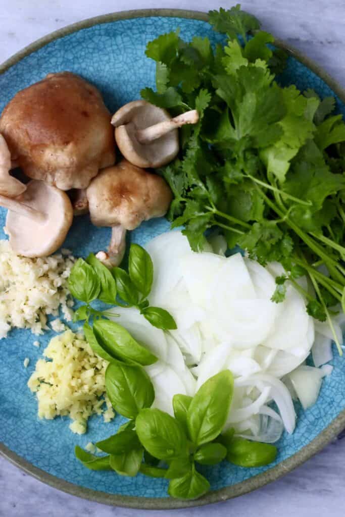 This Vegan Pho is super quick and easy to make. Rice noodles and vegetables in a rich, meatless broth make the best plant-based dinner. Dairy-free and gluten-free. #glutenfree #dairyfree #vegan #vegetarian #noodles #soup #pho Photo of a blue plate with chopped onions, garlic, ginger, shiitake mushrooms and herbs