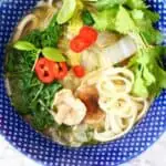 Photo of a blue bowl with noodle soup and vegetables against a marble background