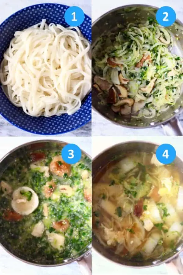 Collage of four process shots showing you how to make Vegan Pho