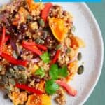 Photo of quinoa, roasted pumpkin and sliced red pepper salad on a grey plate against a dark green background