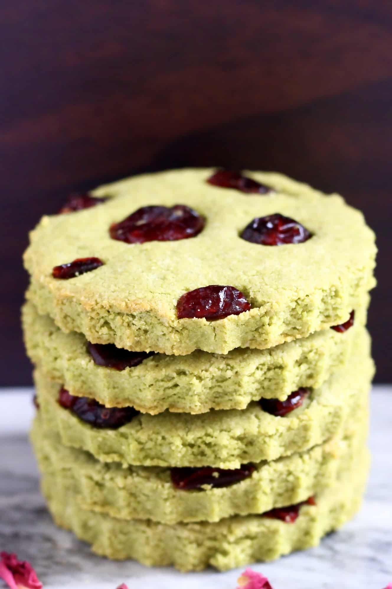 Stack of five vegan matcha shortbread cookies