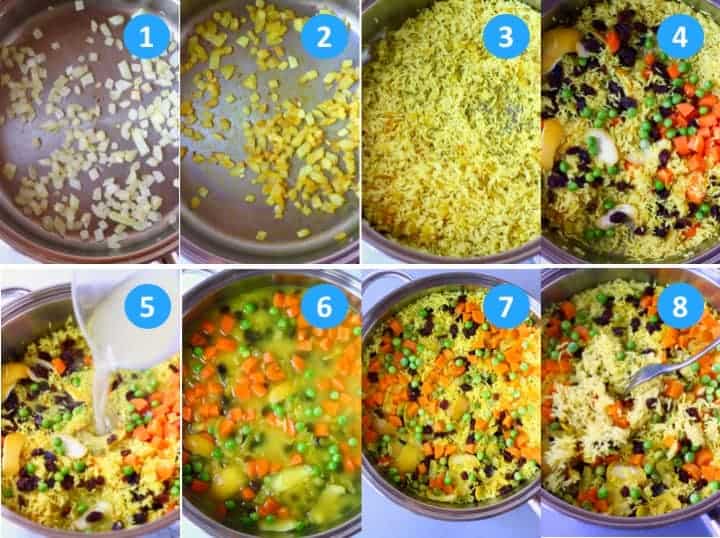 Collage of 8 process shots showing how to make yellow turmeric rice