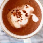 Photo of hot chocolate topped with cream and cocoa powder in a white mug against a marble background