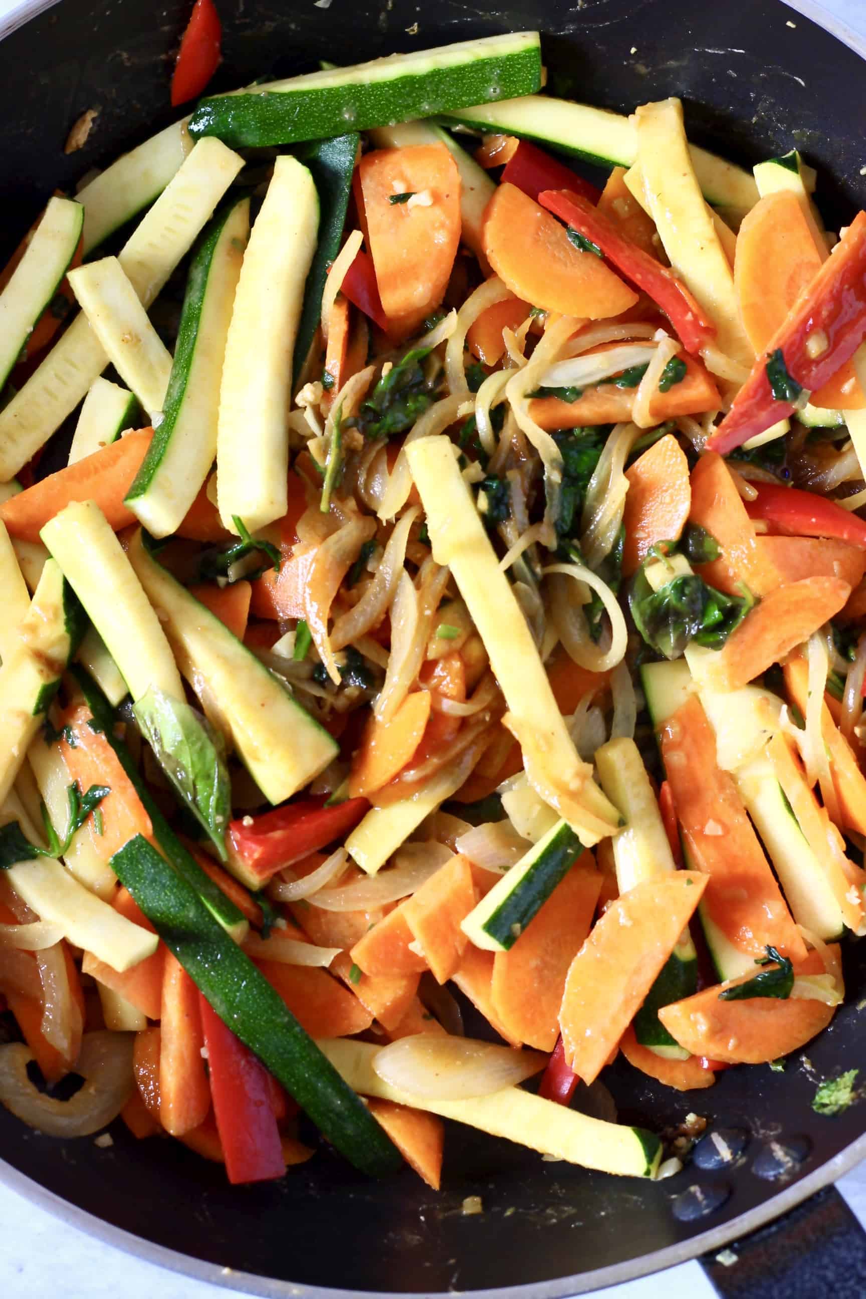 Chopped vegetables in a frying pan