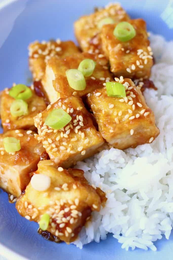 Photo of rice and several pieces of fried tofu sprinkled with sesame seeds and sliced spring onions on a blue plate