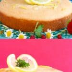 Un collage de dos fotos de pastel de llovizna de limón vegano sin gluten