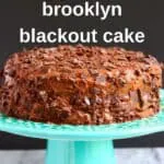 Photo of a chocolate cake on a blue cake stand with a grey background