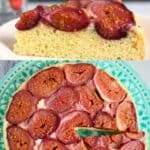 Collage of an upside down cake topped with figs and a slice of the cake taken from the side