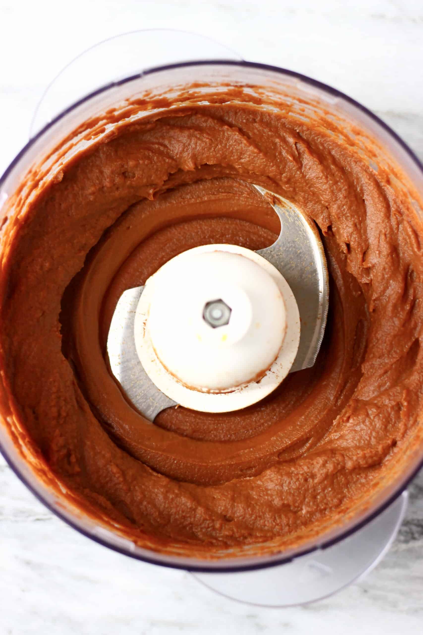 Blended vegan chocolate mousse in a food processor