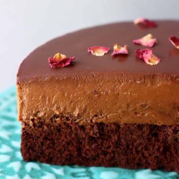 A sliced gluten-free vegan chocolate mousse cake with sponge, chocolate mousse and ganache