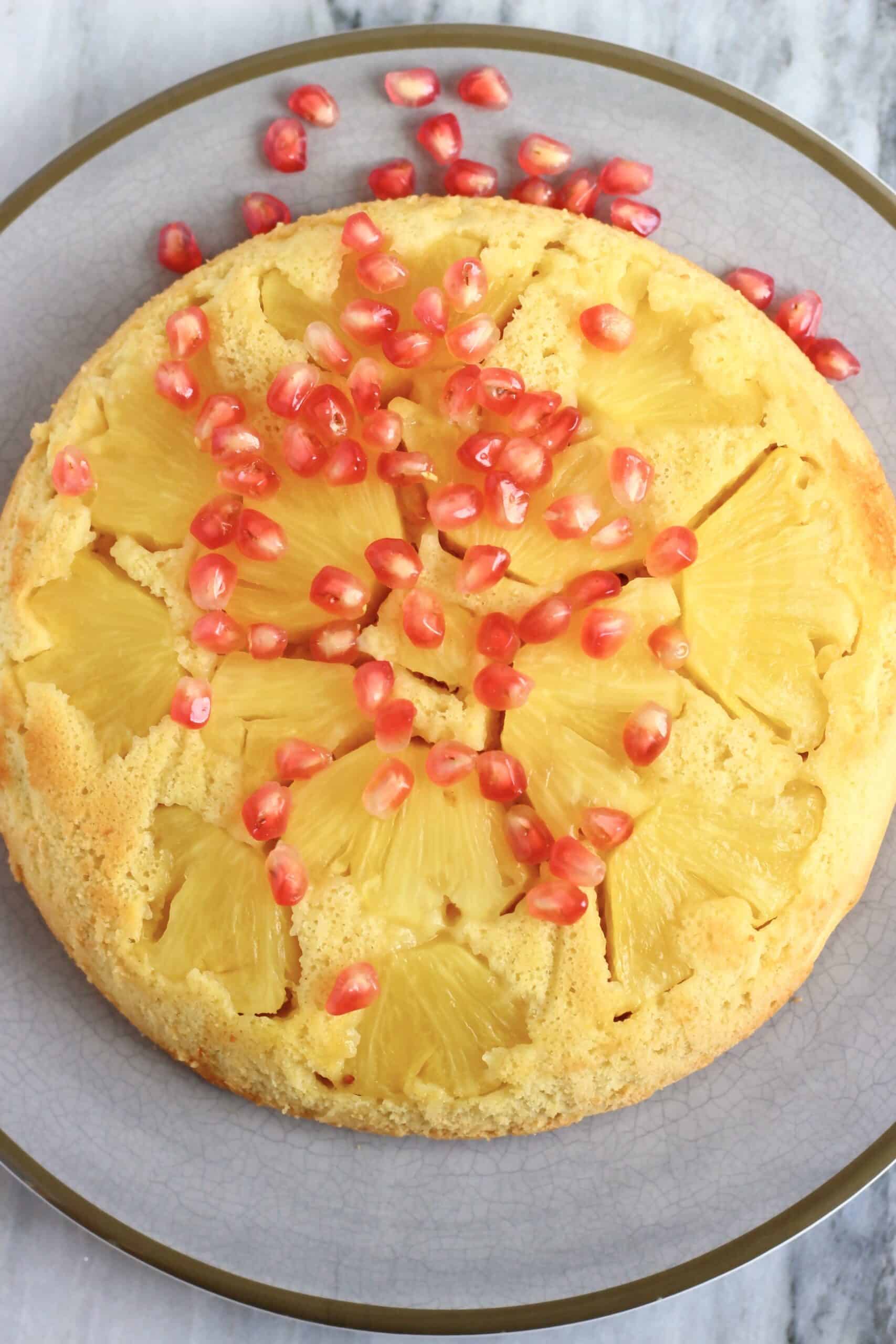 Gluten-free vegan pineapple upside down cake on a plate