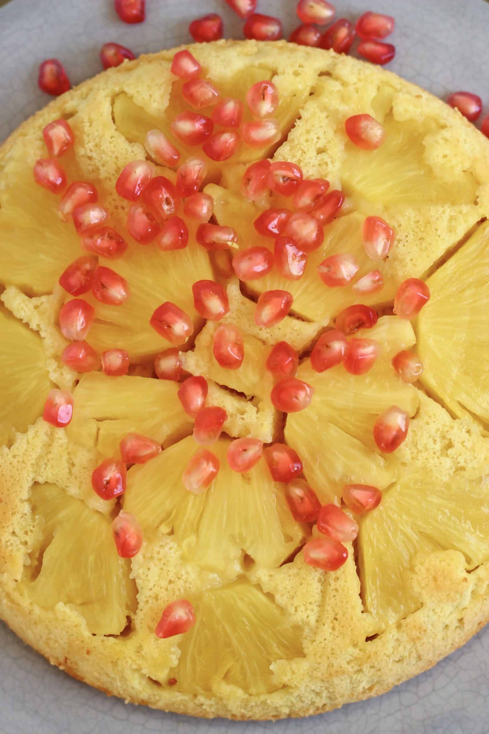 Gluten-free vegan pineapple upside down cake on a plate