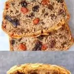 A collage of two gluten-free vegan fruit cake photos