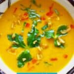 Photo of orange soup topped with green herbs and red chilli in a brown bowl