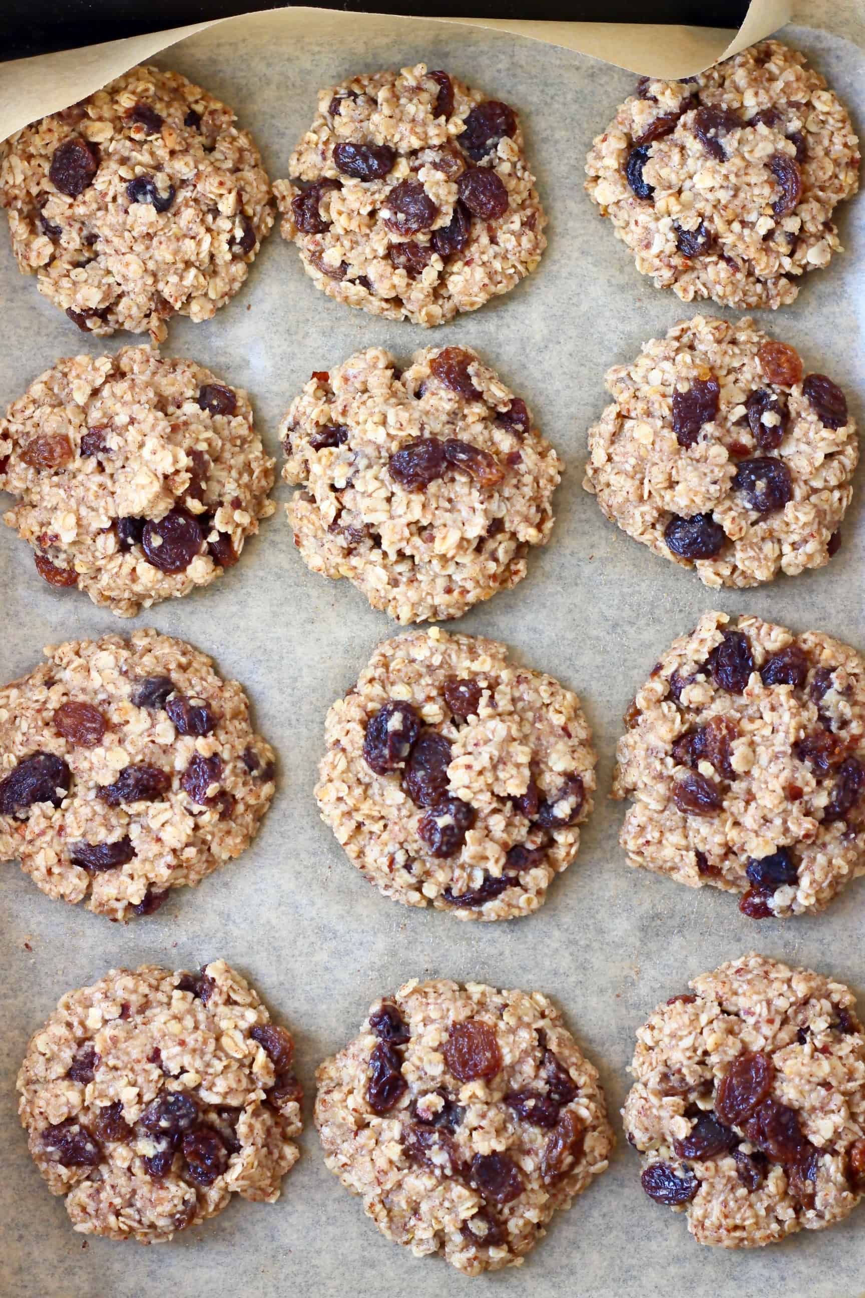 Twelve raw gluten-free vegan oatmeal raisin cookies on a baking tray lined with baking paper