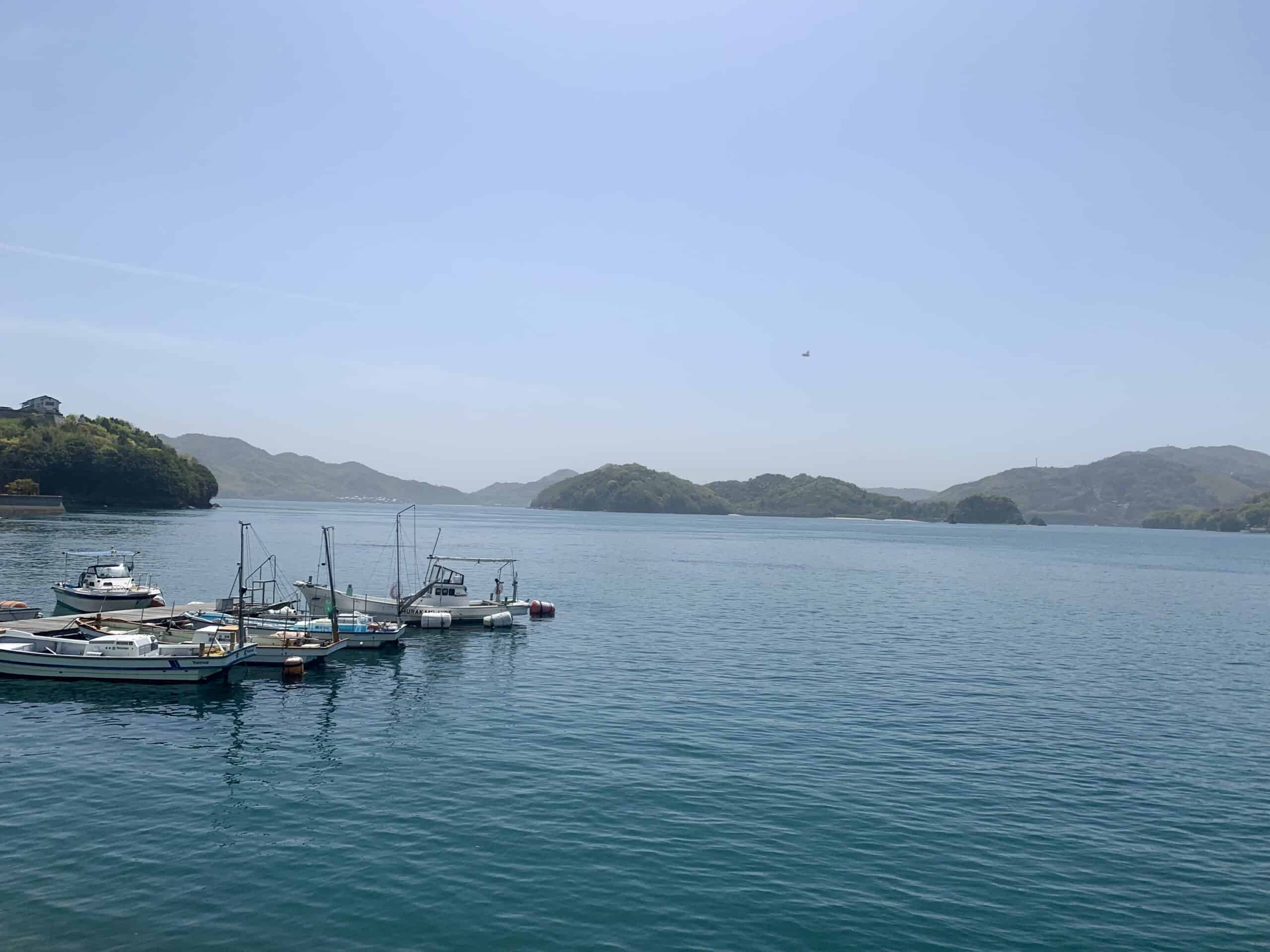 Photograph of Hakatajima Island, with Seto Inland Sea and boats