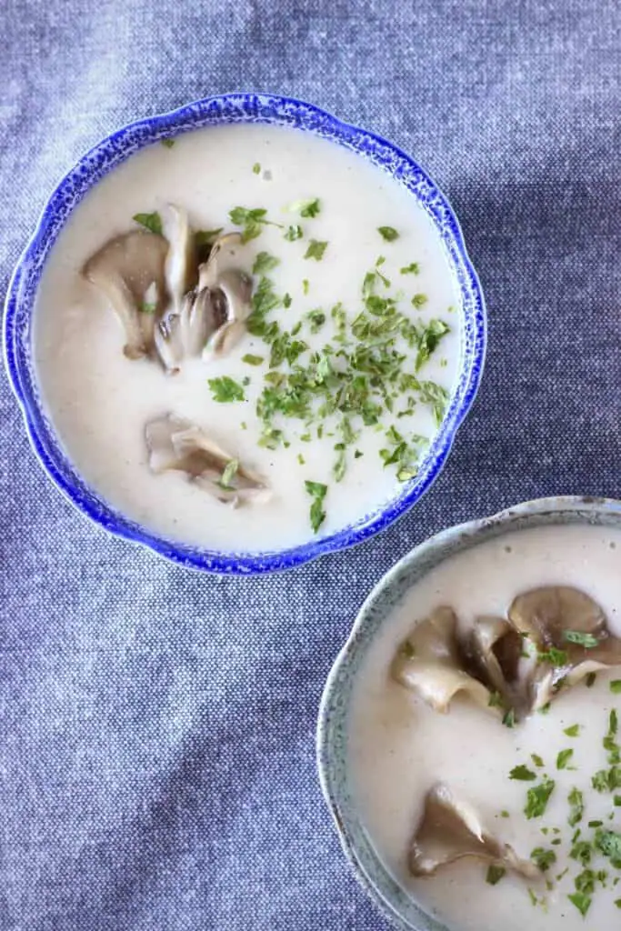 Two bowls of beige-coloured soup topped with mushrooms and chopped parsley against a grey background 