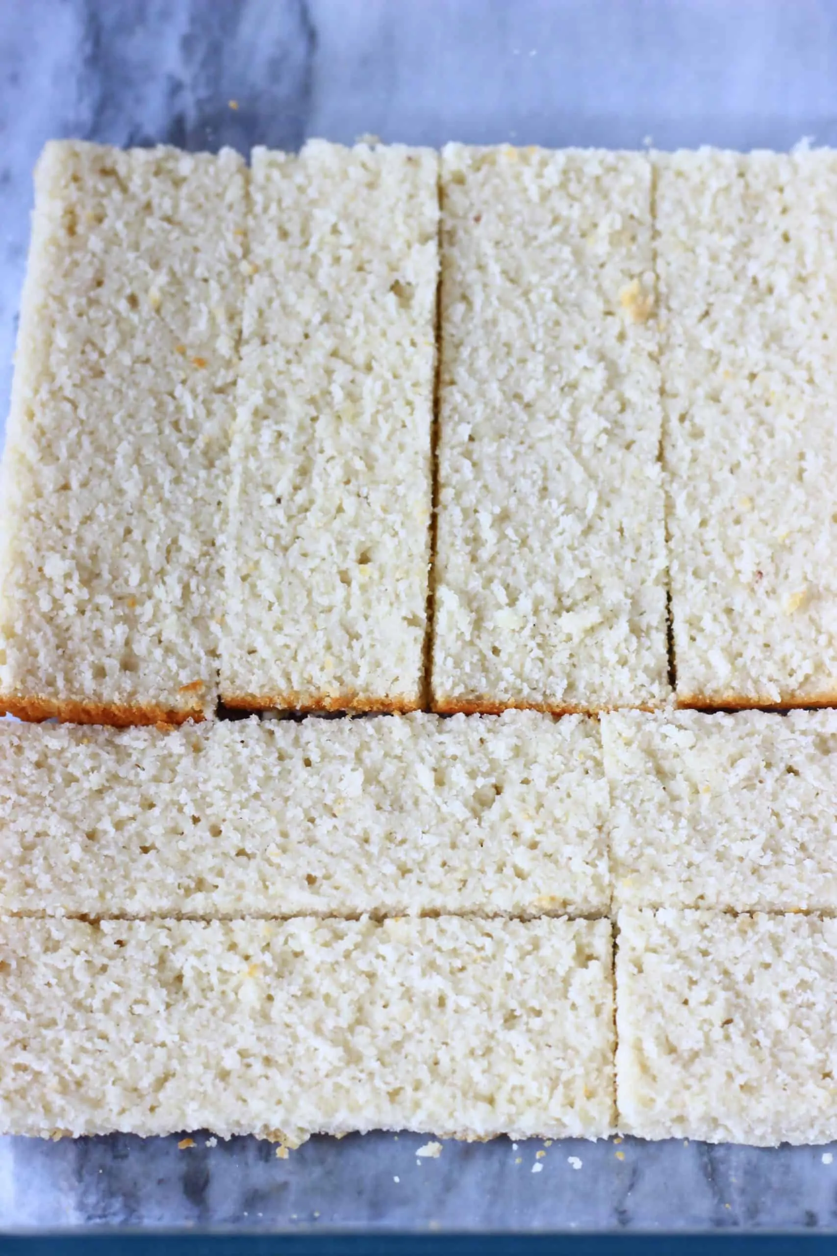 Gluten-free vegan sponge rectangles laid out along the bottom of a baking dish