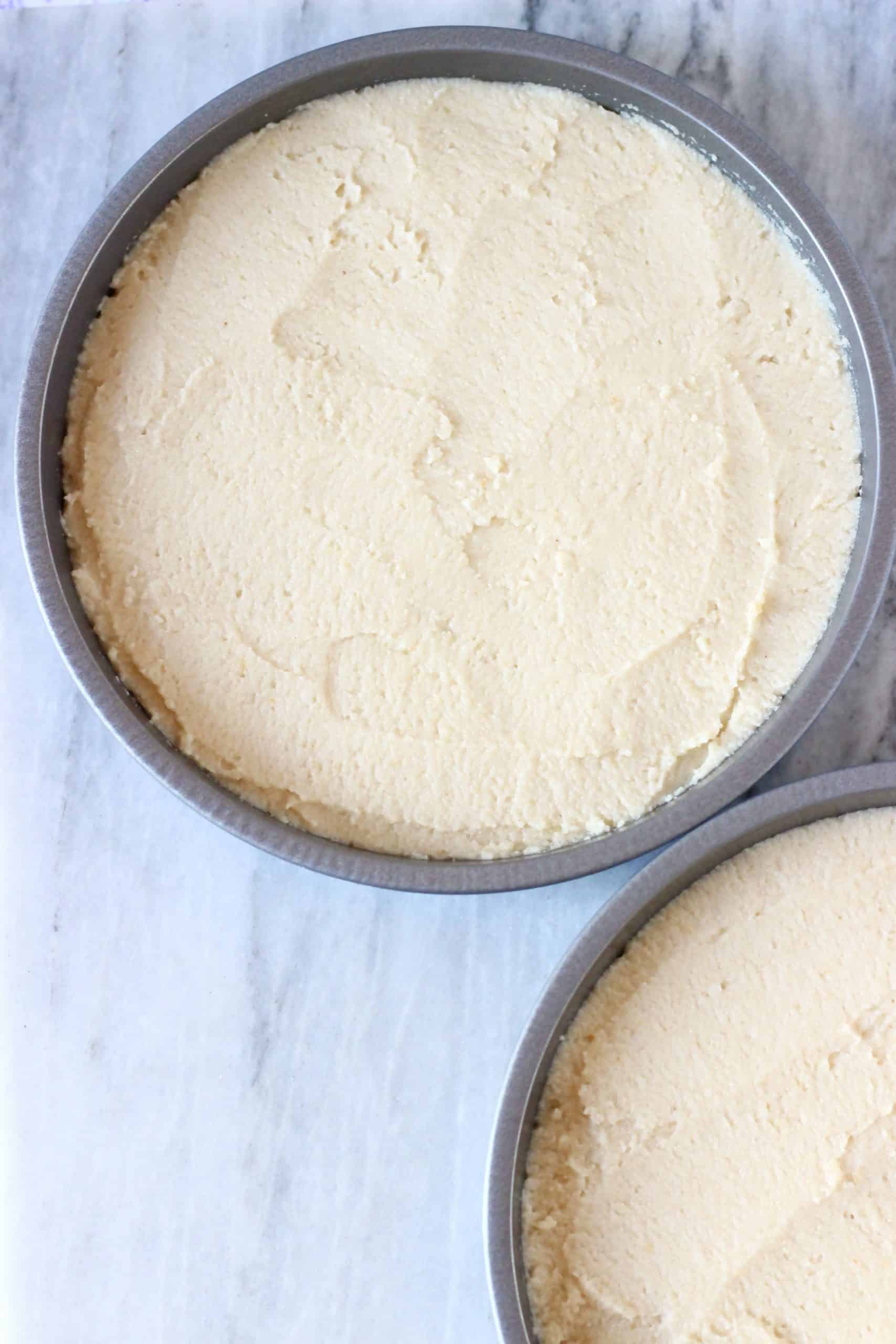 Raw gluten-free vegan vanilla cake batter in two circular baking tins