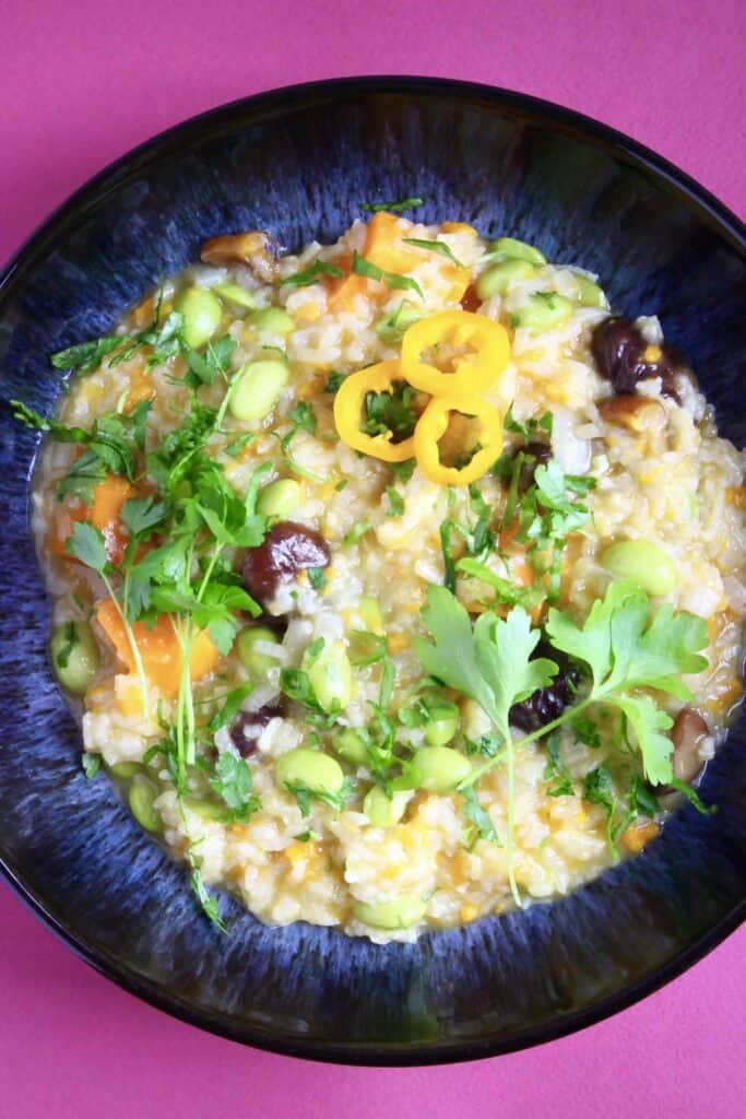 Orange risotto with vegetables and chestnuts in a dark blue bowl against a bright pink background