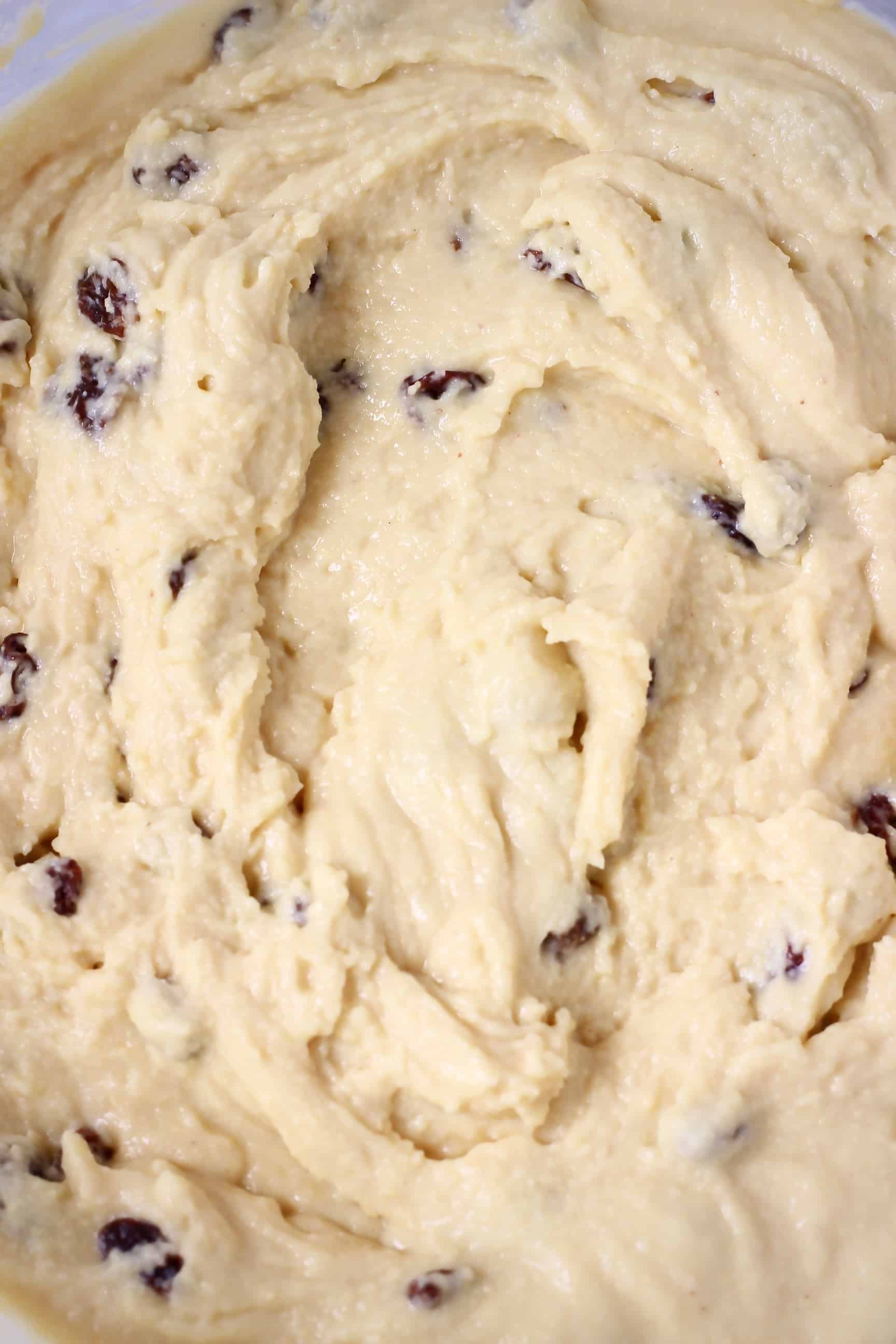 Gluten-Free Vegan Irish Soda Bread Gluten-Free Vegan Irish Soda Bread batter with raisins in a bowl