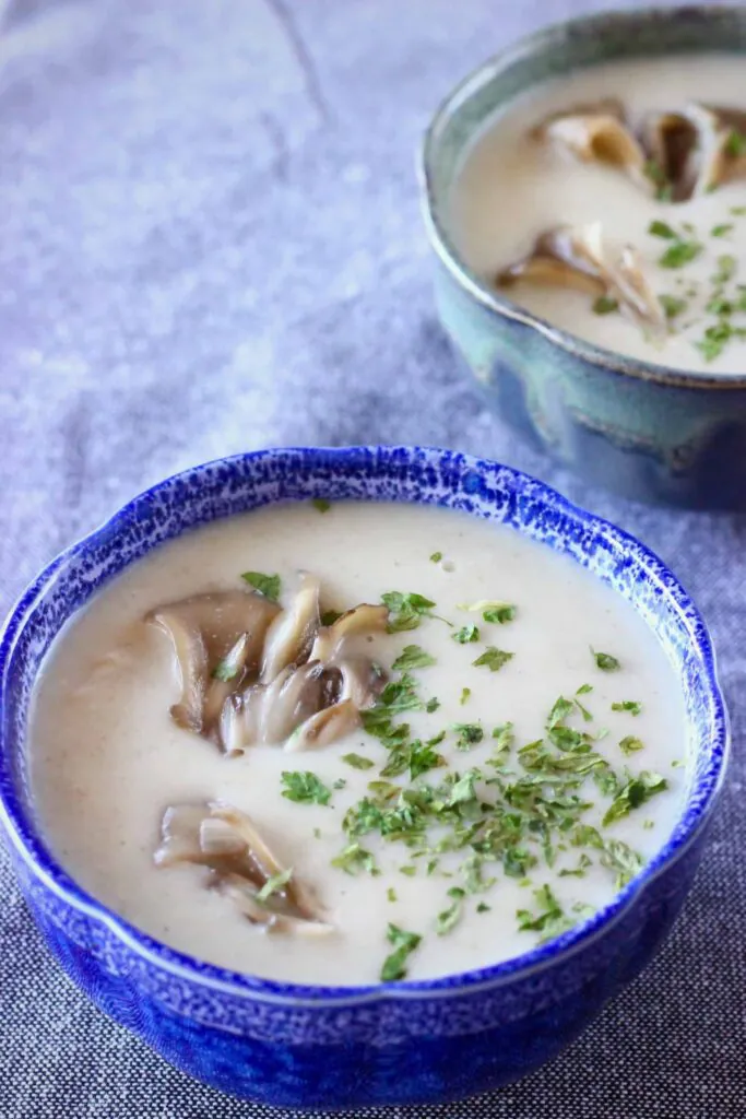 Photo of two bowls filled with creamy white soup topped with mushrooms and green herbs against a grey fabric background