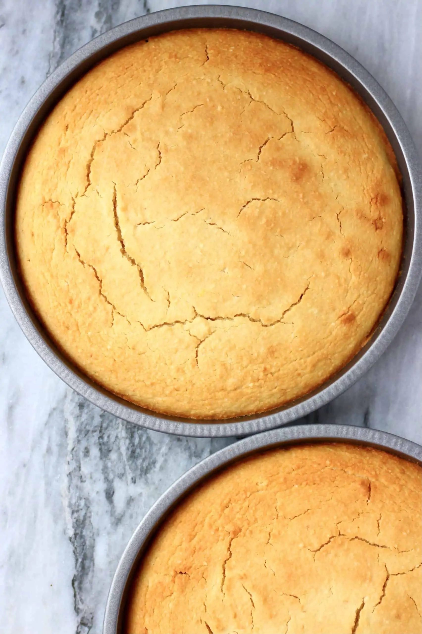 Gluten-free vegan orange cake sponges in two circular baking tins