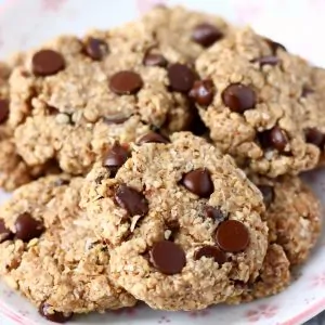 A pile of gluten-free vegan oatmeal chocolate chip cookies on a plate
