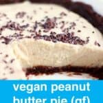 Photo of a sliced pie in a white pie dish - a brown chocolate crust with a light brown filling and sprinkled with cacao nibs