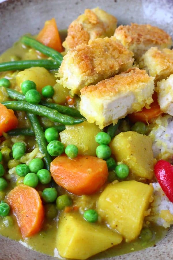 A plate with rice, curry sauce and tofu katsu from a close-up angle