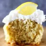These Gluten-Free Vegan Lemon Cupcakes are the perfect simple yet elegant dessert: they're sweet and tangy, and smothered in a rich "cream cheese" frosting! They're also egg-free, refined sugar free and nut-free optional. #vegan #glutenfree #dairyfree #lemon #cupcakes #dessert #baking