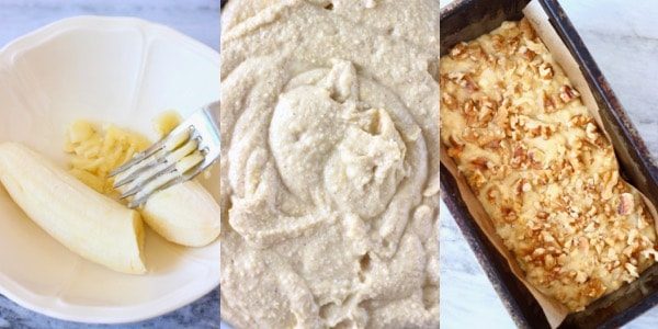 Collage of process shots showing how to make banana bread