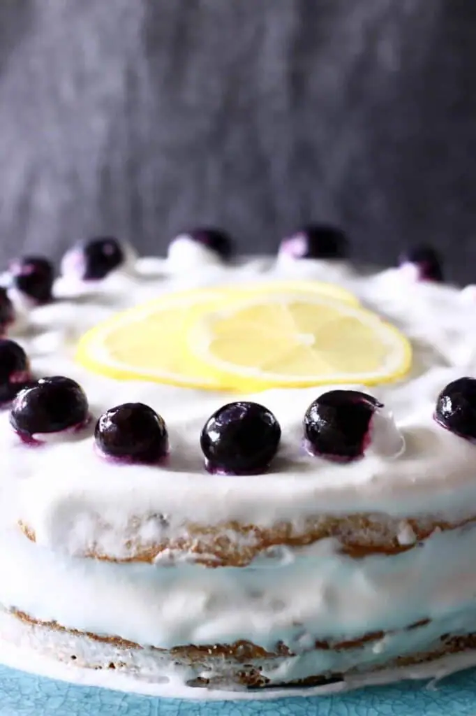 A white layer cake topped with lemon slices and blueberries shot from the side against a grey background