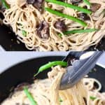 A collage of two creamy vegan miso pasta sauce photos