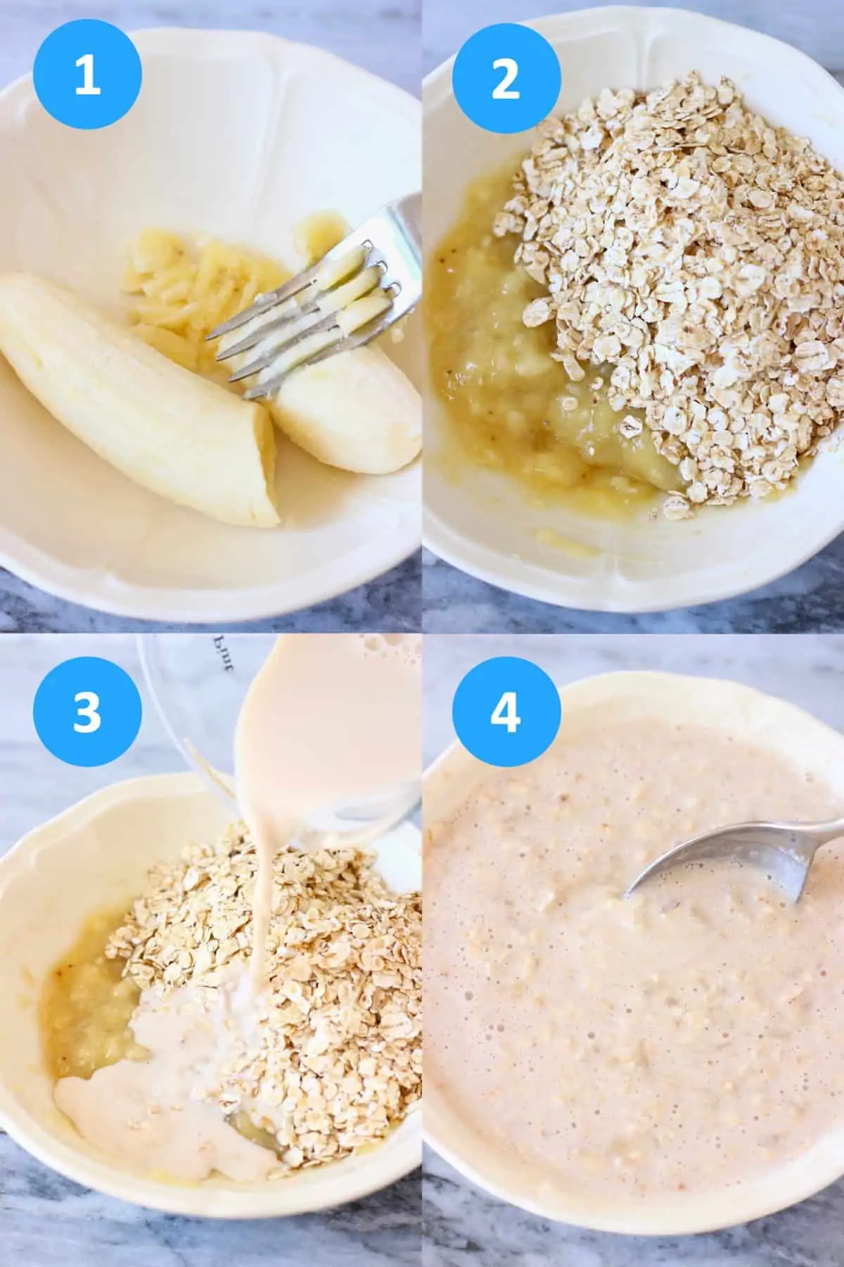 A collage of four banana overnight oats process shots