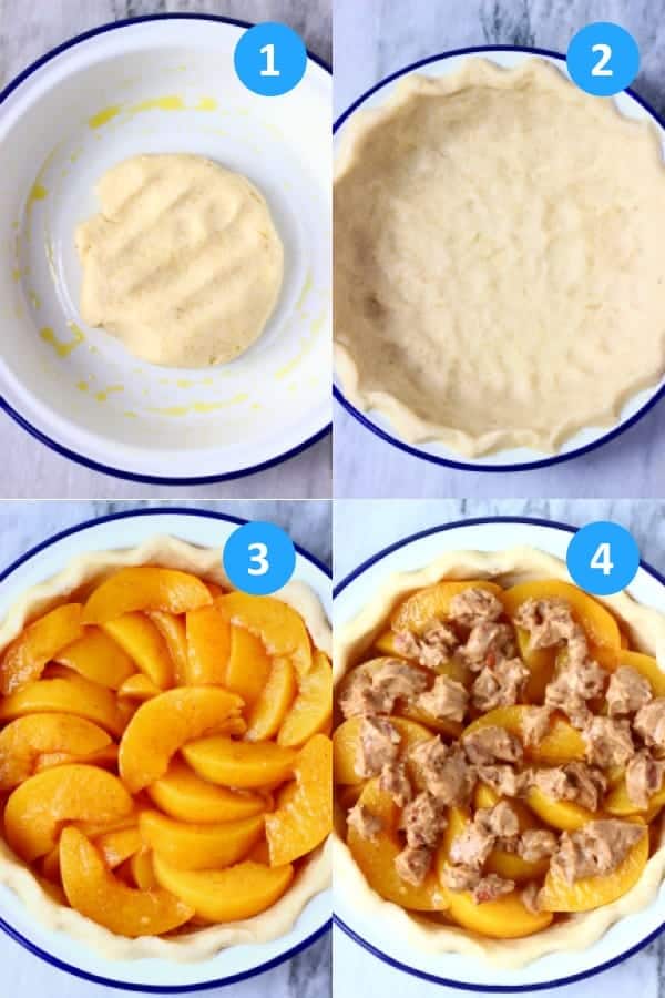 Collage of process shots showing how to make a peach pie with streusel topping