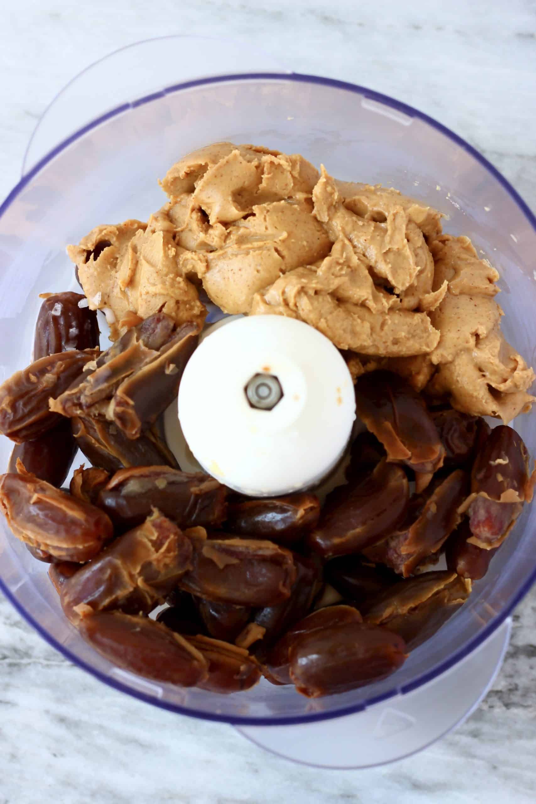 Dates and almond butter in a food processor