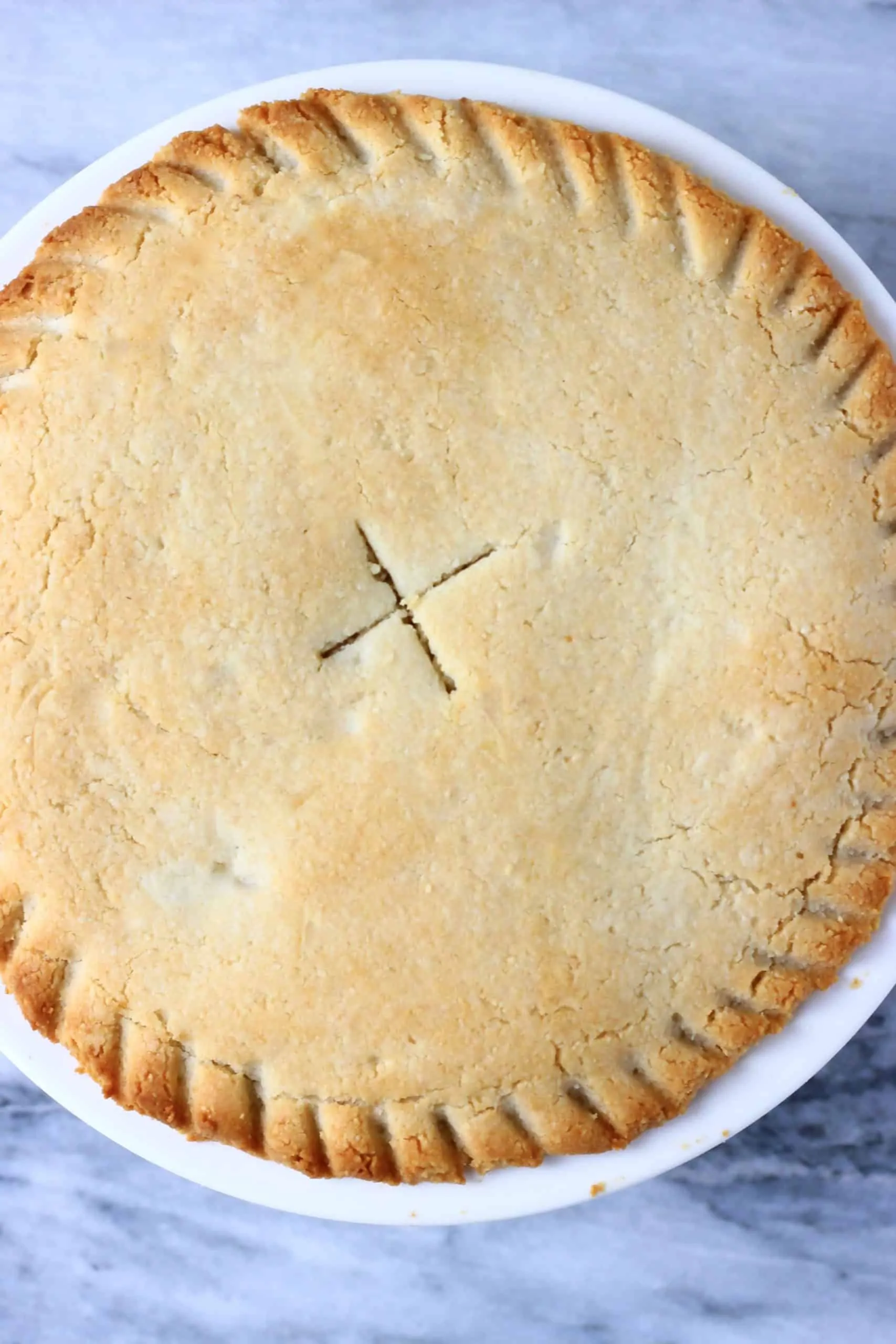 A gluten-free vegan apple pie in a pie dish