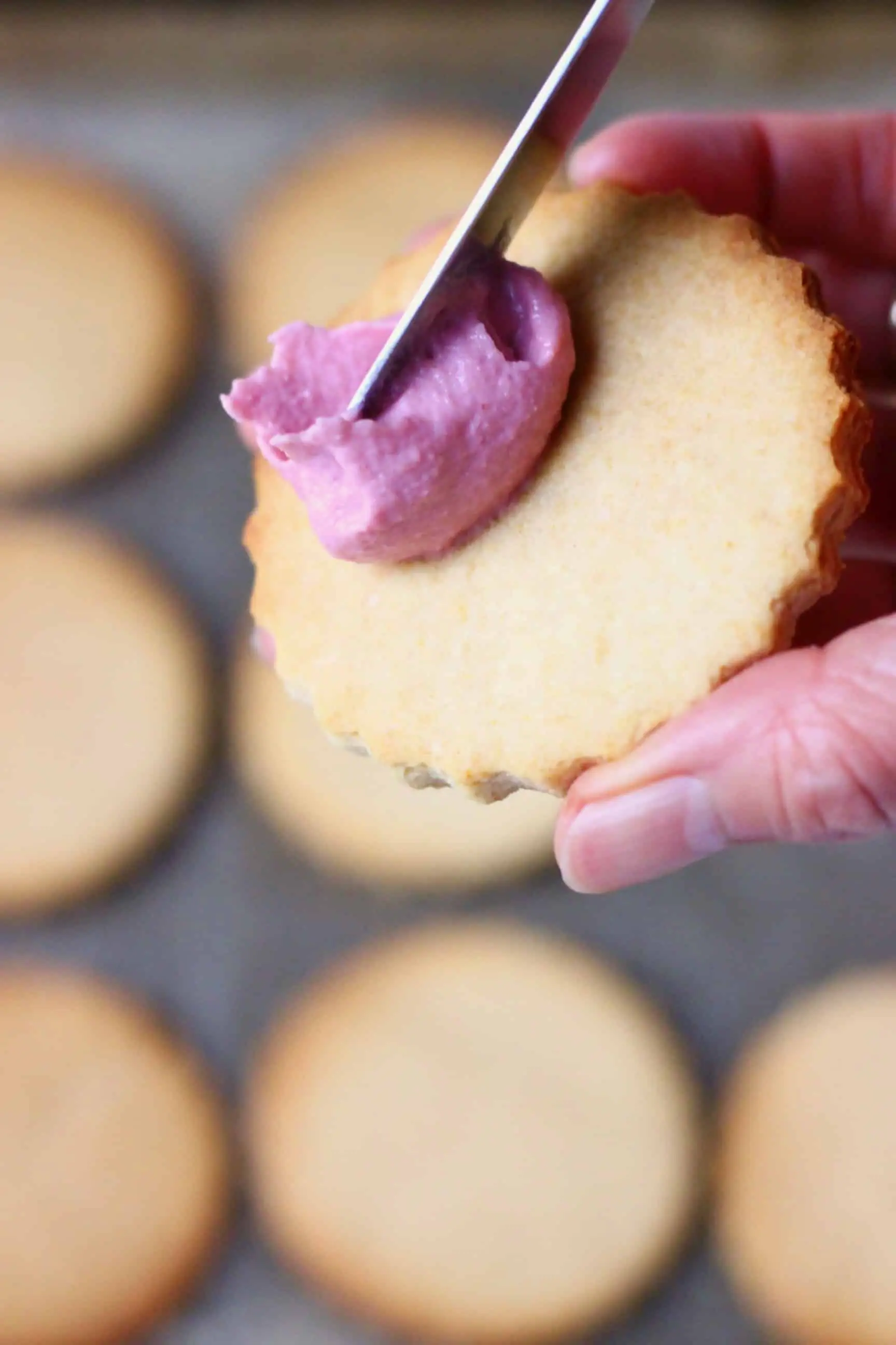 A gluten-free vegan sugar cookie with pink frosting being spread over it with a knife