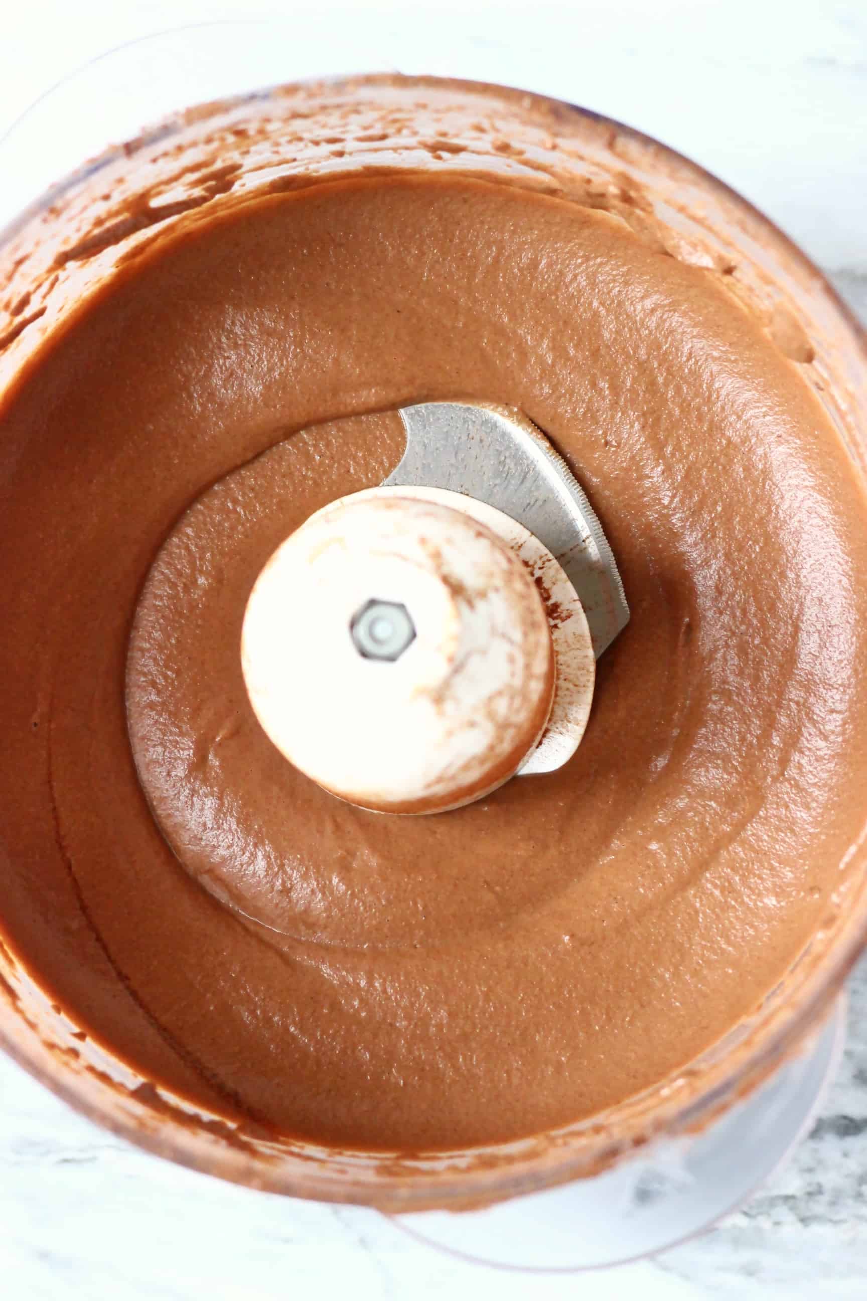 Blended vegan chocolate mousse in a food processor 