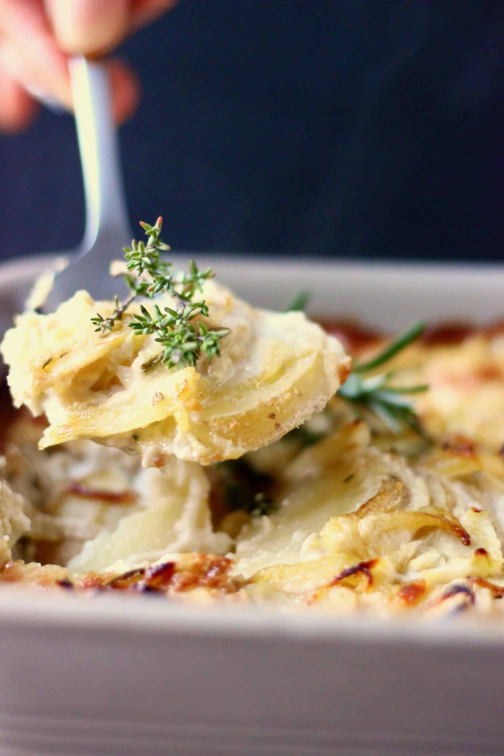 Vegan scalloped potatoes in a grey baking dish with a silver spoon lifting up a mouthful 
