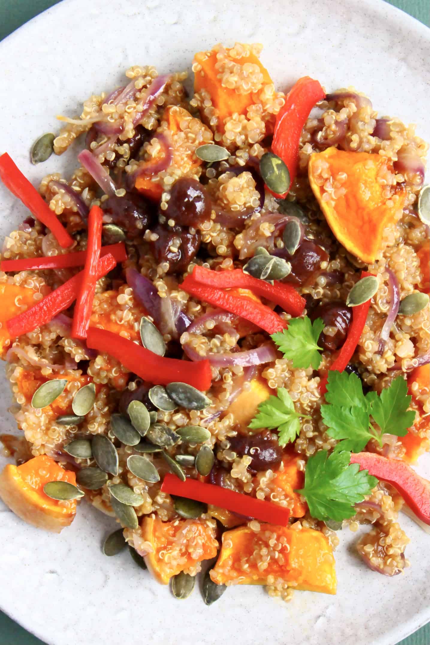 Pumpkin quinoa salad with red onion, roasted pumpkin and pumpkin seeds on plate