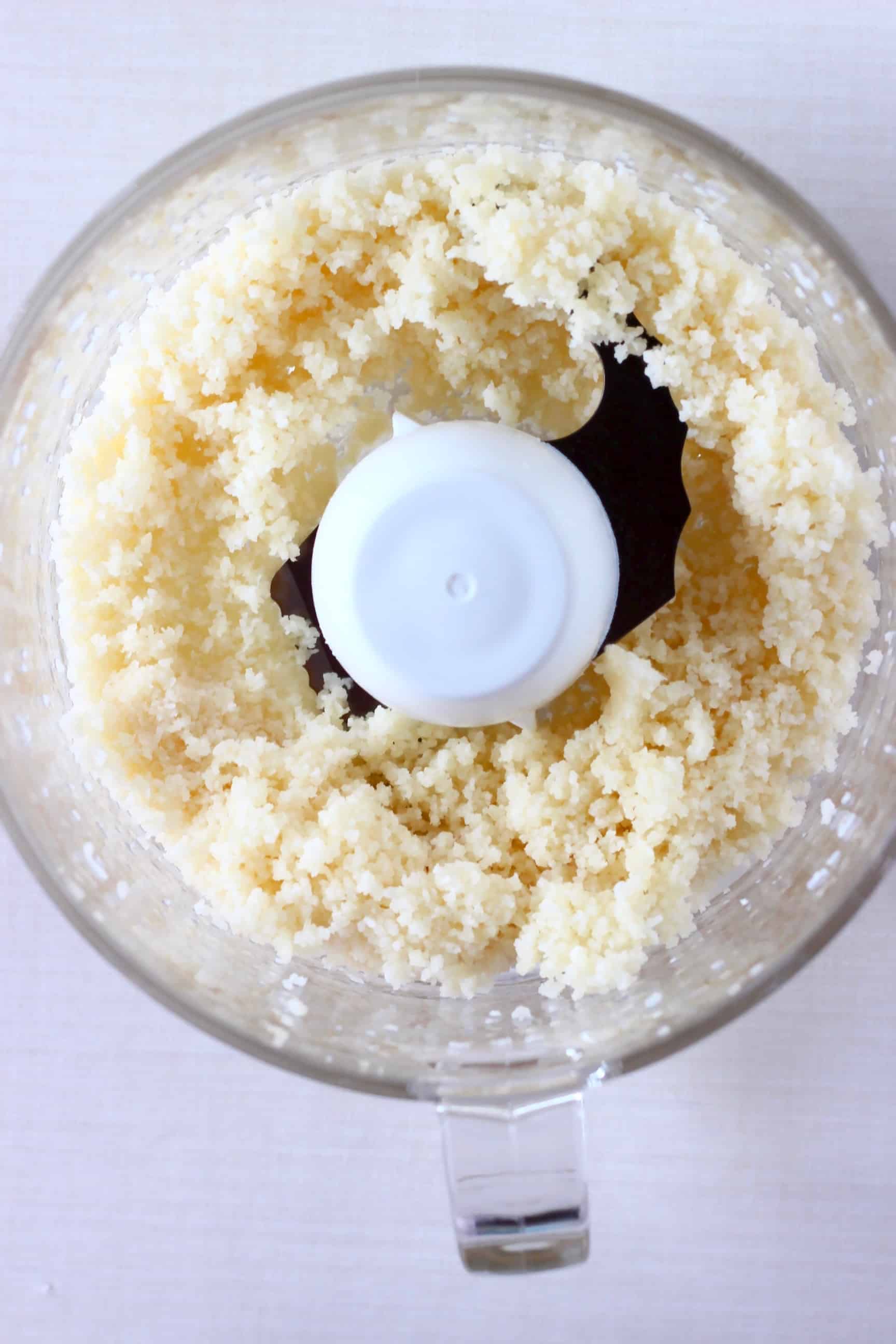 Shredded coconut in a food processor against a white background