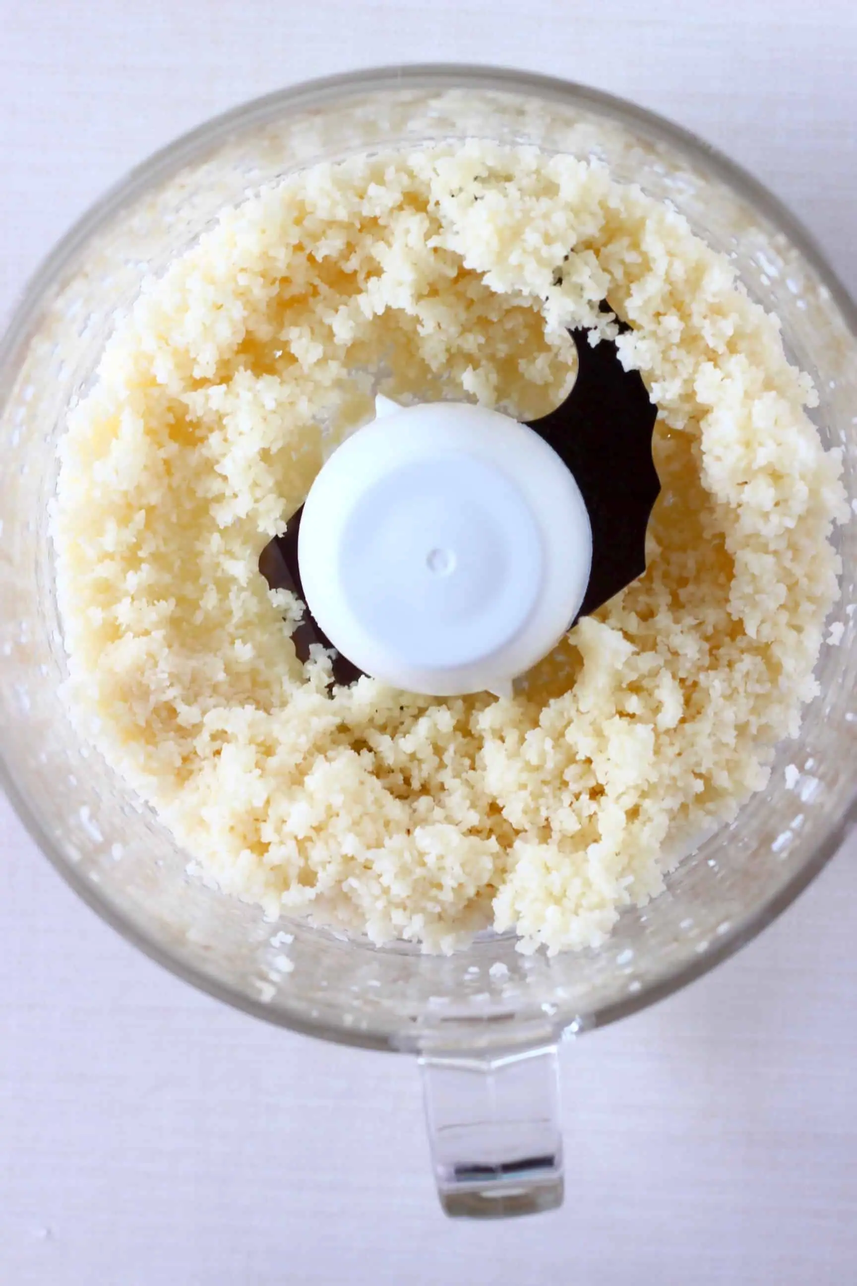 Shredded coconut in a food processor against a white background