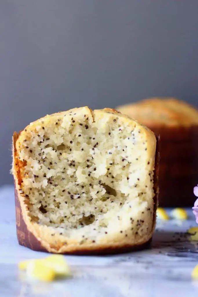 Photo of a poppy seed muffin with a bite taken out of it on a marble slab against a grey background
