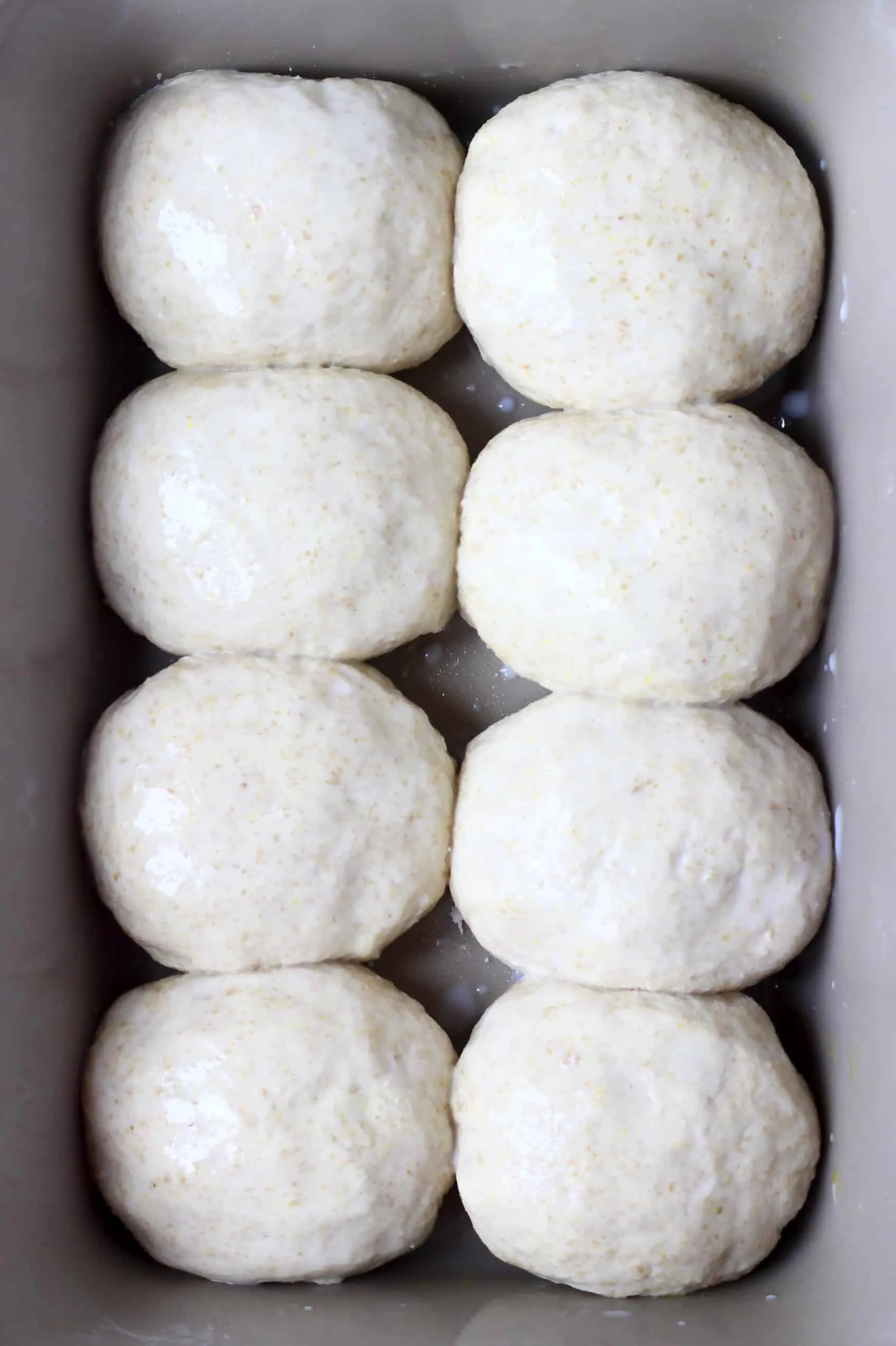 8 raw gluten-free dinner rolls in a baking tray