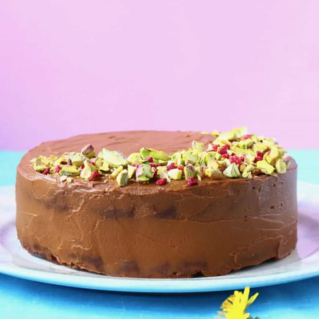 A chocolate cake topped with chopped pistachios and freeze-dried raspberries on a blue plate against a pink background