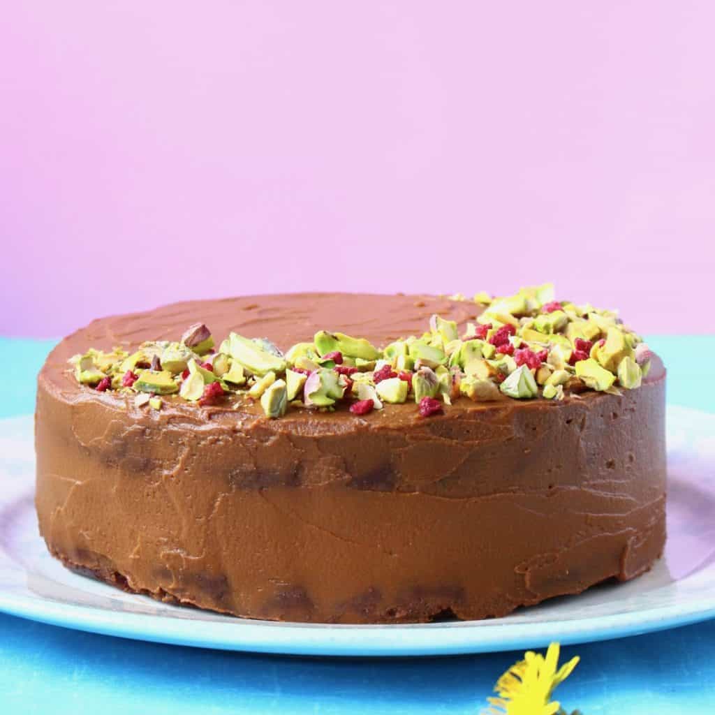 60 Vegan Dessert Recipes - a huge selection of cakes, cupcakes, cookies, puddings, trifles, truffles, brownies and pies. Perfect for birthday parties, bridal showers, Mother's Day, baby showers, Easter, Christmas, Thanksgiving, dinner parties or just every day! All egg-free, dairy-free, gluten-free and refined sugar free. #rhiansrecipes #dessert #baking #vegan #glutenfree #dairyfree A chocolate cake topped with chopped pistachios and freeze-dried raspberries on a blue plate against a pink background