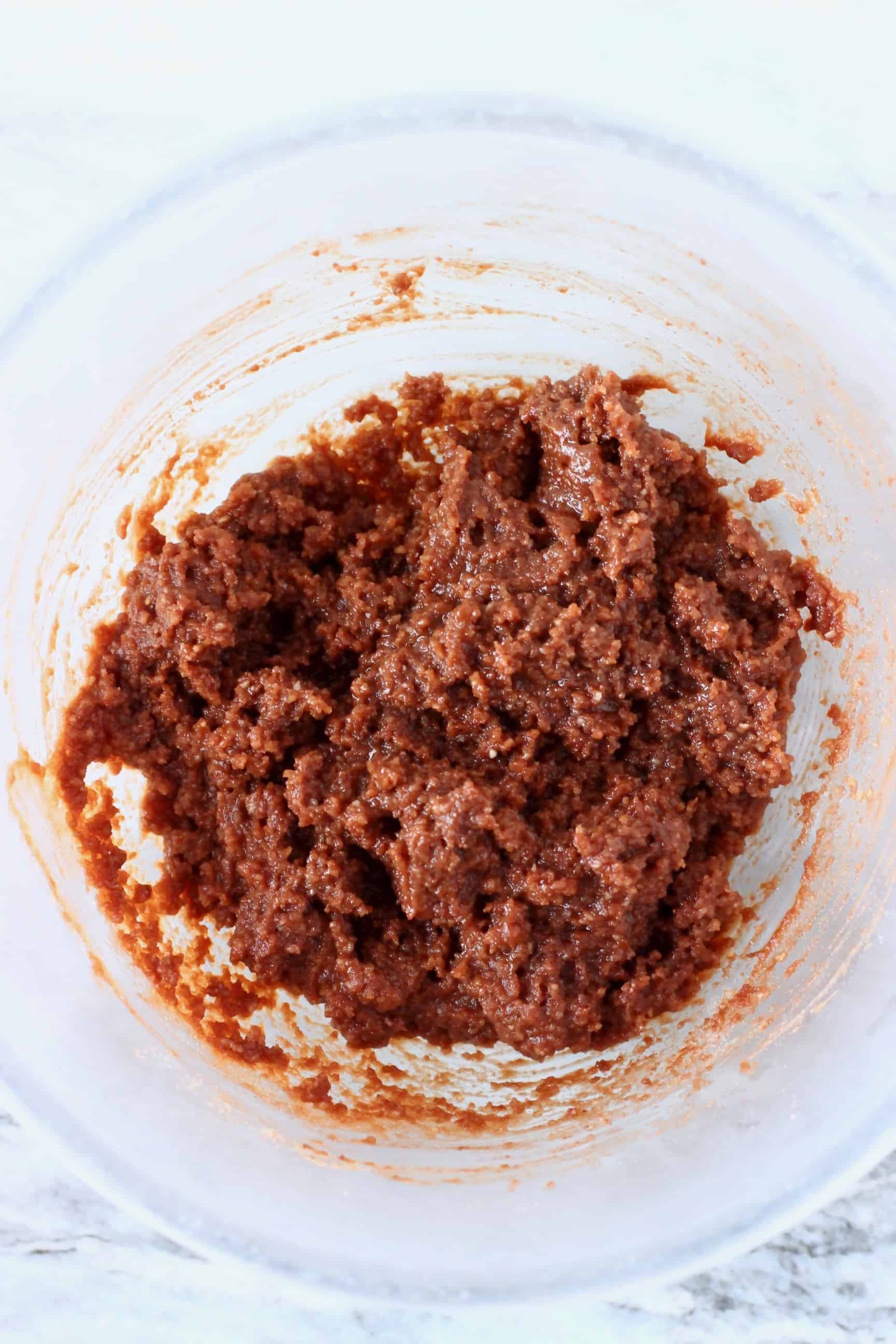 Raw gluten-free vegan chocolate lava cake batter in a bowl