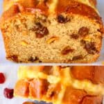 A collage of two Gluten-Free Vegan Hot Cross Bun Loaf photos